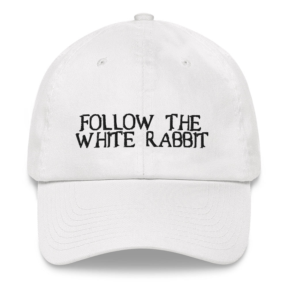 Follow The White Rabbit Black Embroidered Bitcoin Dad Hat - fomo21
