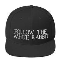 Load image into Gallery viewer, Follow The White Rabbit (White Embroidered) Bitcoin Snapback Hat - fomo21
