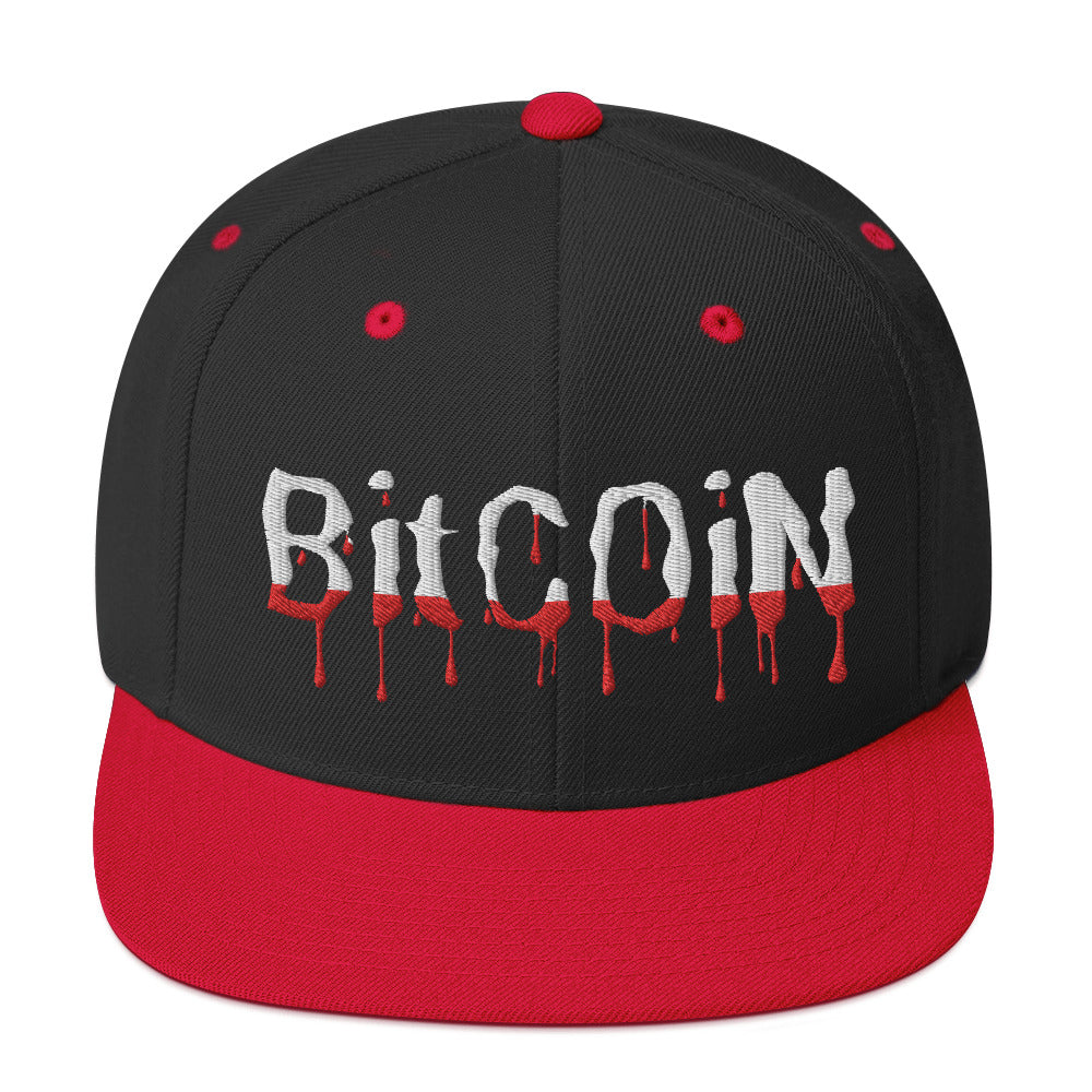 Bitcoin Red Drip (White Embroidery) Snapback Hat - fomo21