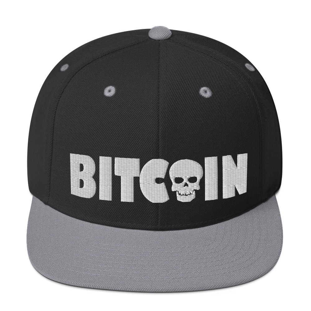 Bitcoin Skull (White Embroidery) Snapback Hat - fomo21