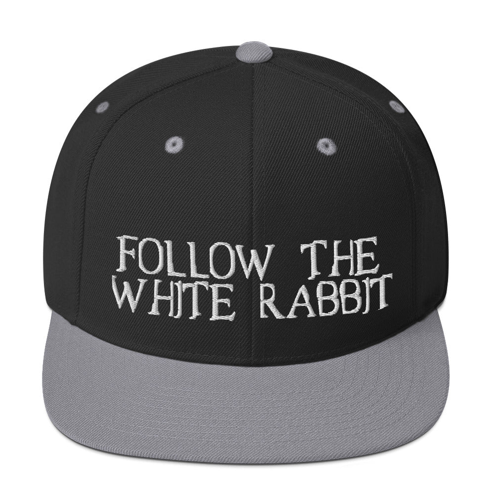 Follow The White Rabbit (White Embroidered) Bitcoin Snapback Hat - fomo21