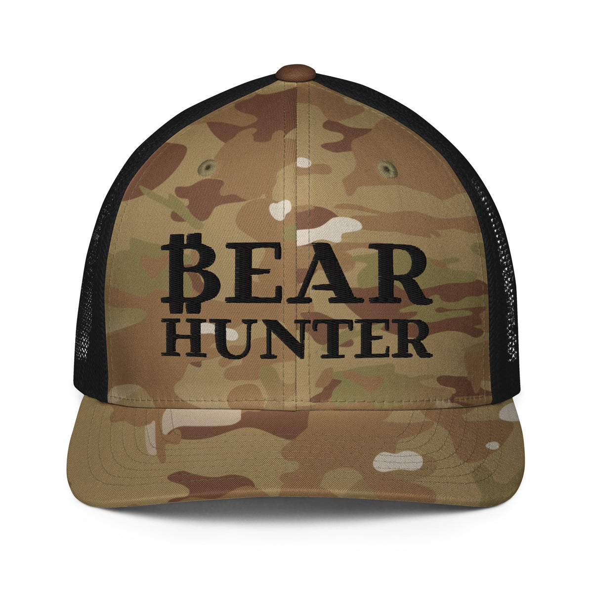 Bear Hunter Camo Bitcoin Trucker Hat - fomo21