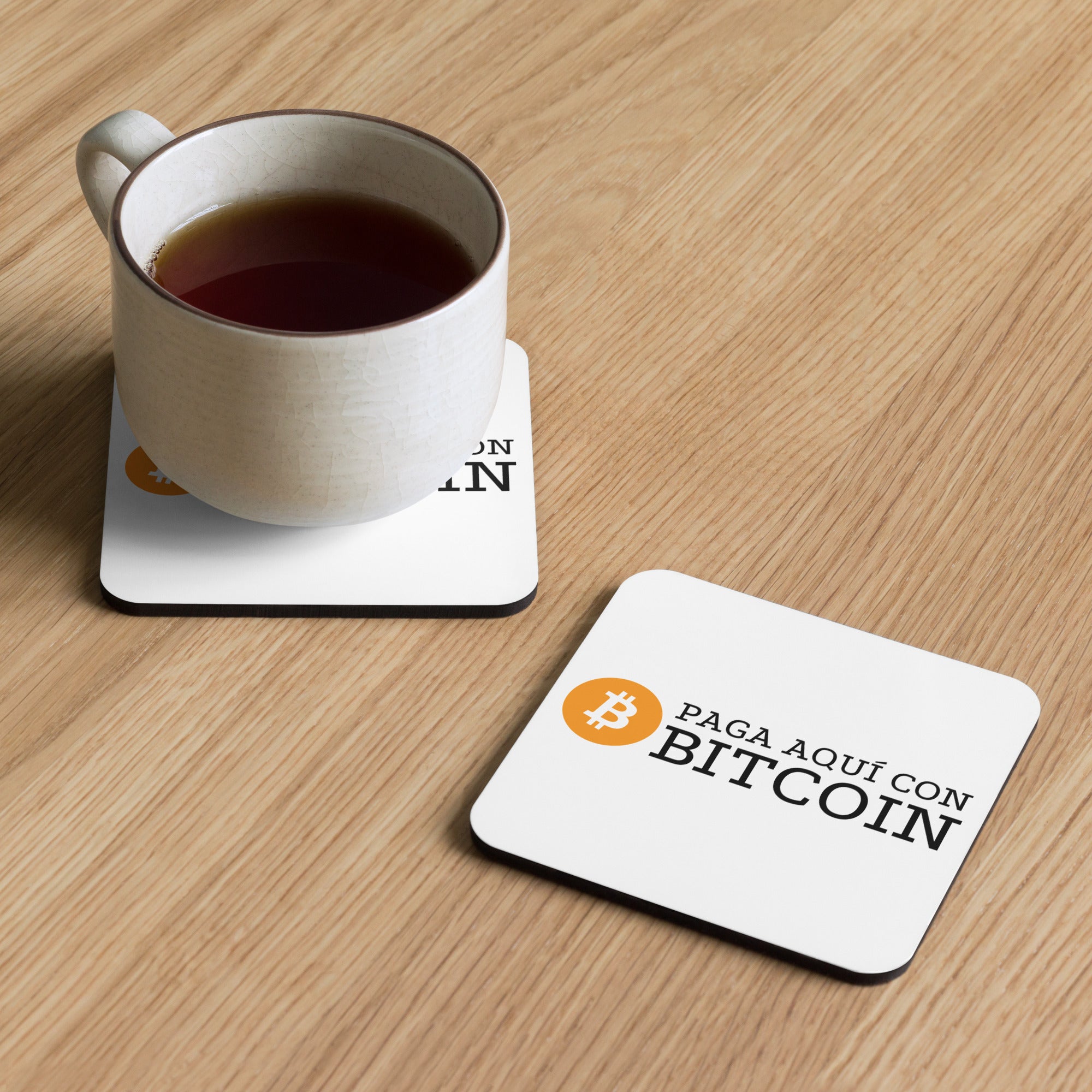 Paga Aquí Con Bitcoin Español Cork-Back Coaster | fomo21