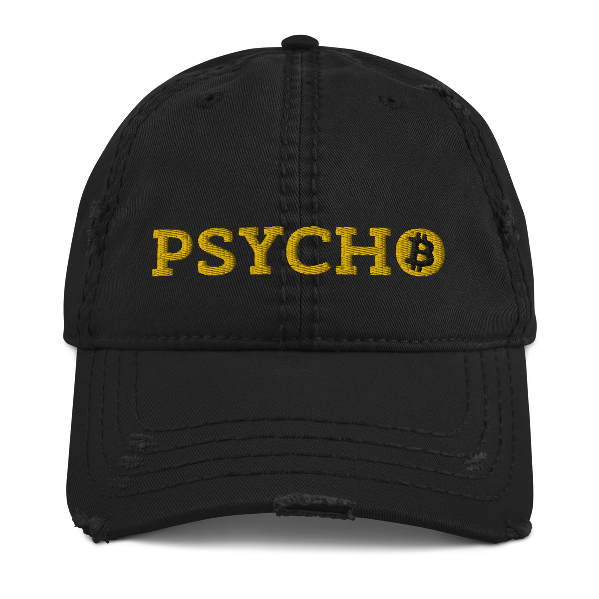 Psycho (Gold Lettering) Bitcoin Distressed Dad Hat - fomo21