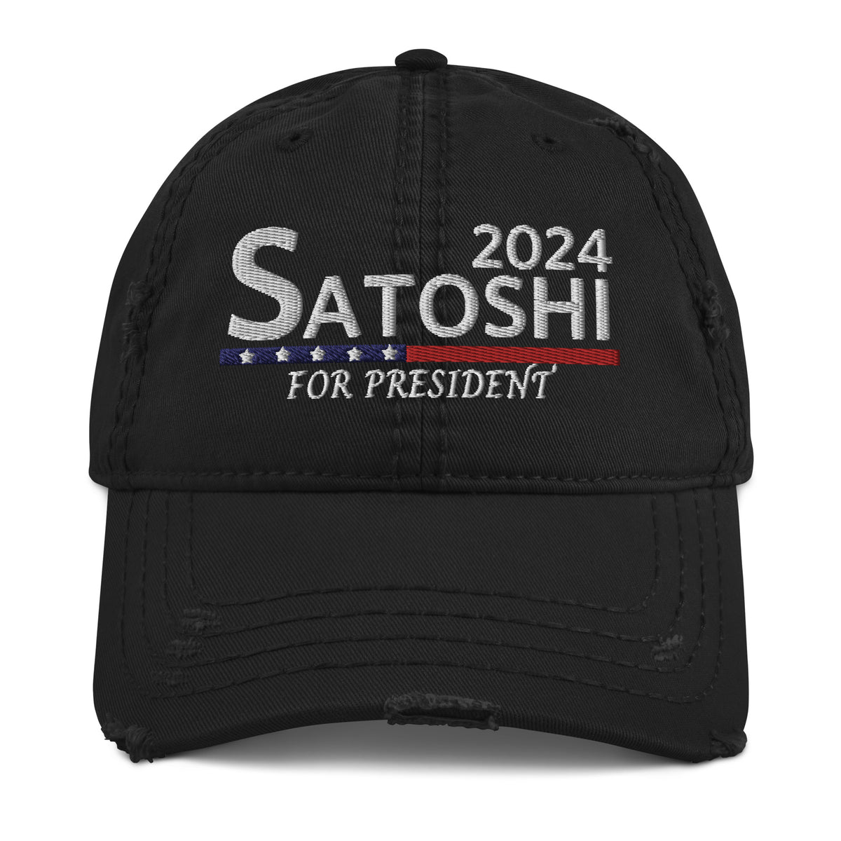 Satoshi For President 2024 (White Lettering) Bitcoin Distressed Dad Hat - fomo21