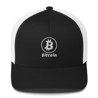 Load image into Gallery viewer, Bitcoin B Circle Logo With Text (White Embroidery) Trucker Hat - fomo21
