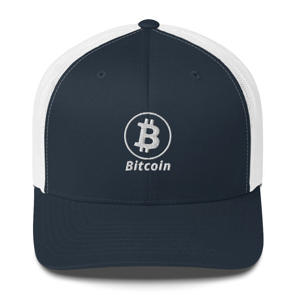 Bitcoin B Circle Logo with Text (White Embroidery) Trucker Hat Navy/ White