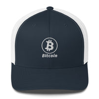 Load image into Gallery viewer, Bitcoin B Circle Logo With Text (White Embroidery) Trucker Hat - fomo21

