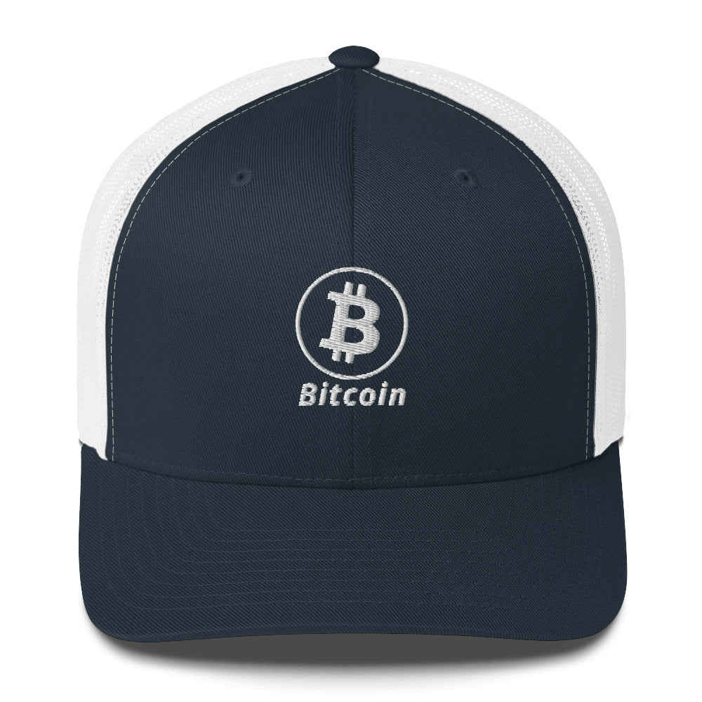 Bitcoin B Circle Logo With Text (White Embroidery) Trucker Hat - fomo21