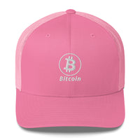 Load image into Gallery viewer, Bitcoin B Circle Logo With Text (White Embroidery) Trucker Hat - fomo21
