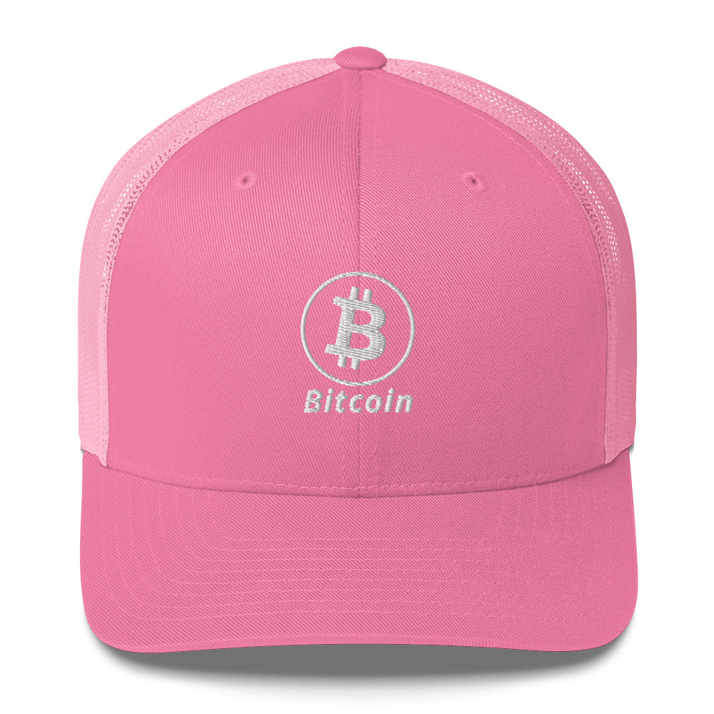 Bitcoin B Circle Logo With Text (White Embroidery) Trucker Hat - fomo21