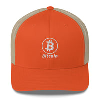 Load image into Gallery viewer, Bitcoin B Circle Logo With Text (White Embroidery) Trucker Hat - fomo21
