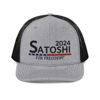 Load image into Gallery viewer, Satoshi For President 2024 (Black Lettering) Bitcoin Trucker Hat - fomo21

