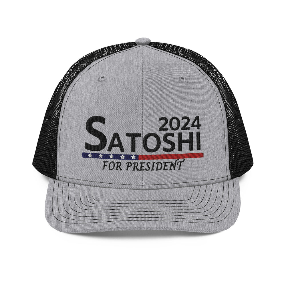 Satoshi For President 2024 (Black Lettering) Bitcoin Trucker Hat - fomo21