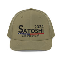 Load image into Gallery viewer, Satoshi For President 2024 (Black Lettering) Bitcoin Trucker Hat - fomo21
