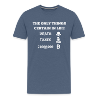 Load image into Gallery viewer, The Only Things Certain In Life Bitcoin T-Shirt - heather blue
