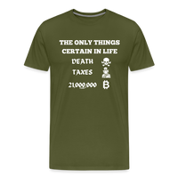 Load image into Gallery viewer, The Only Things Certain In Life Bitcoin T-Shirt - olive green

