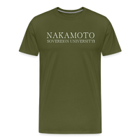 Load image into Gallery viewer, Nakamoto Sovereign University (White Lettering) Bitcoin  T-Shirt - olive green
