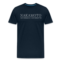 Load image into Gallery viewer, Nakamoto Sovereign University (White Lettering) Bitcoin  T-Shirt - deep navy
