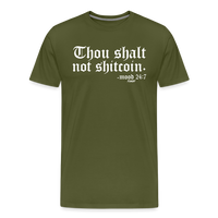 Load image into Gallery viewer, Thou Shalt Not Shitcoin (White Lettering) Bitcoin T-Shirt - olive green
