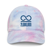 Load image into Gallery viewer, Infinity/21,000,000 (Blue Embroidery) Bitcoin Tie Dye Hat - fomo21
