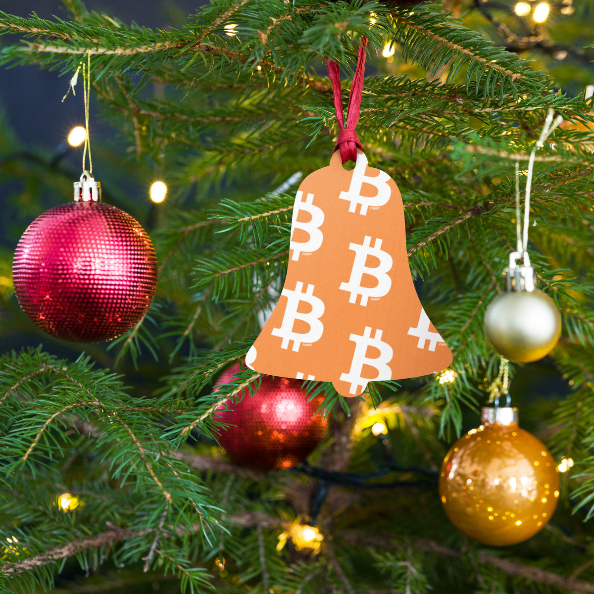 Simple B Orange Bitcoin Wooden Christmas Ornament - fomo21