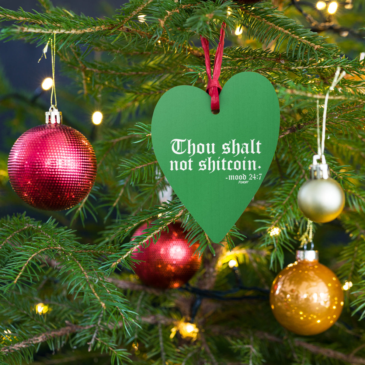 Thou Shalt Not Shitcoin Green Bitcoin Wooden Christmas Ornament - fomo21