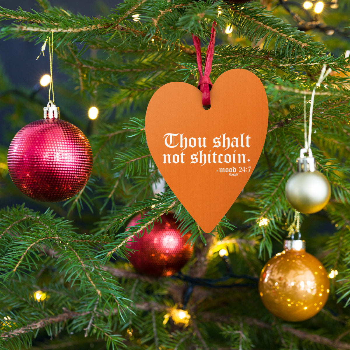 Thou Shalt Not Shitcoin Orange Bitcoin Wooden Christmas Ornament - fomo21